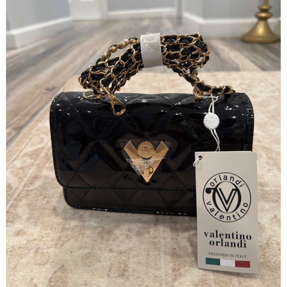 Valentino Orlandi Black Quilted Patent Leather Crossbody Bag NWT